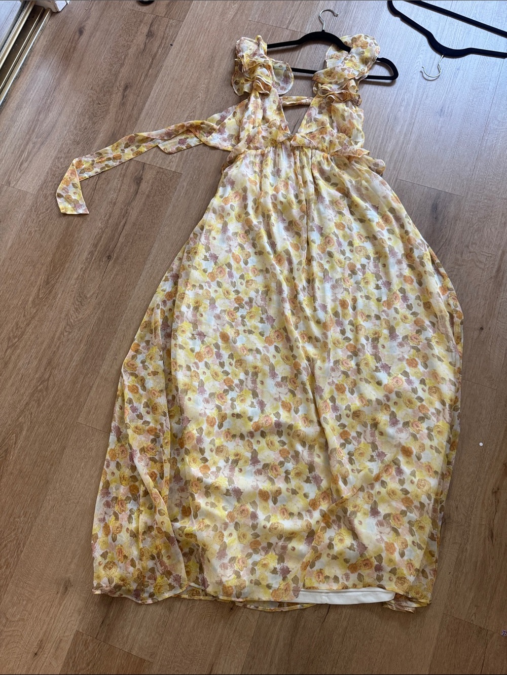 Aakaa Yellow Floral Ruffle-Strap Maxi Dress